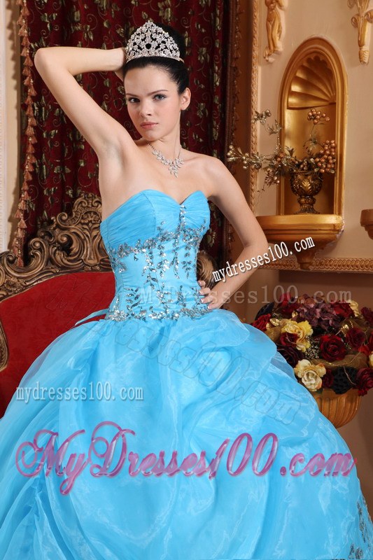 Aqua Blue Sweetheart Ruching Beading Appliques Dress for Quinces