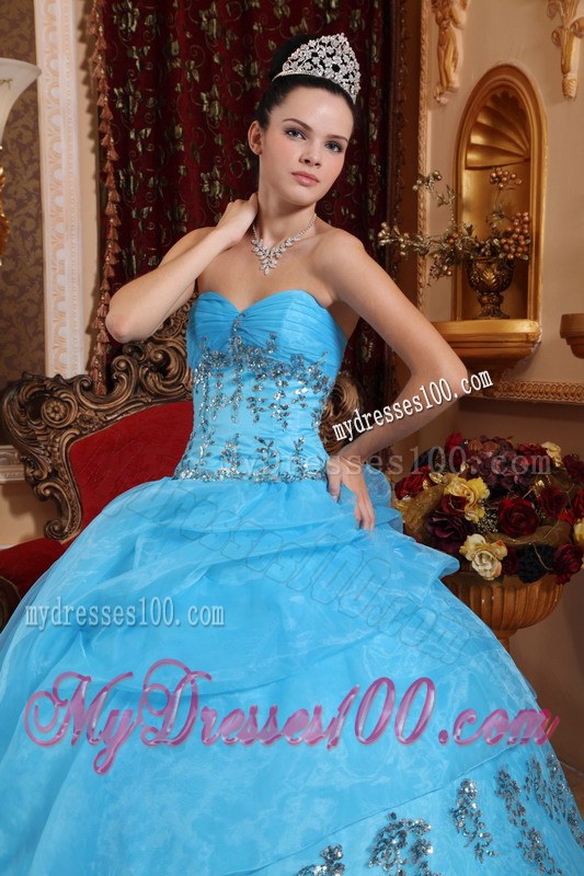 Aqua Blue Sweetheart Ruching Beading Appliques Dress for Quinces