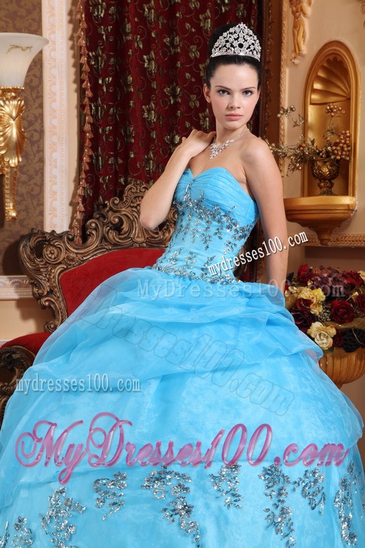 Aqua Blue Sweetheart Ruching Beading Appliques Dress for Quinces