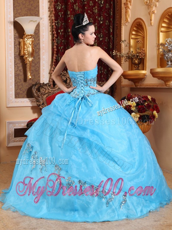 Aqua Blue Sweetheart Ruching Beading Appliques Dress for Quinces