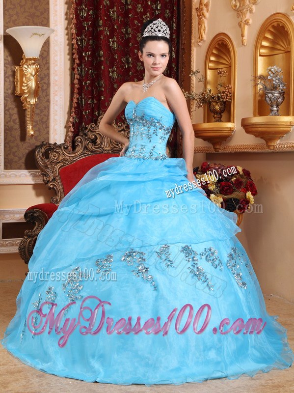 Aqua Blue Sweetheart Ruching Beading Appliques Dress for Quinces