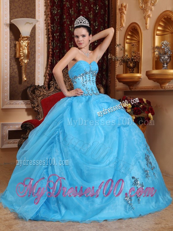 Aqua Blue Sweetheart Ruching Beading Appliques Dress for Quinces