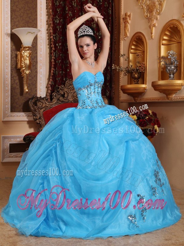 Aqua Blue Sweetheart Ruching Beading Appliques Dress for Quinces