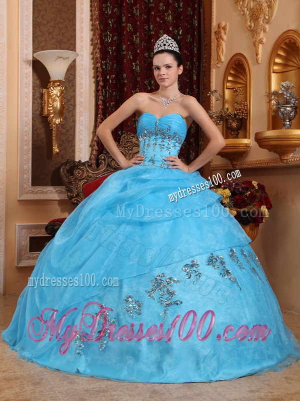 Aqua Blue Sweetheart Ruching Beading Appliques Dress for Quinces