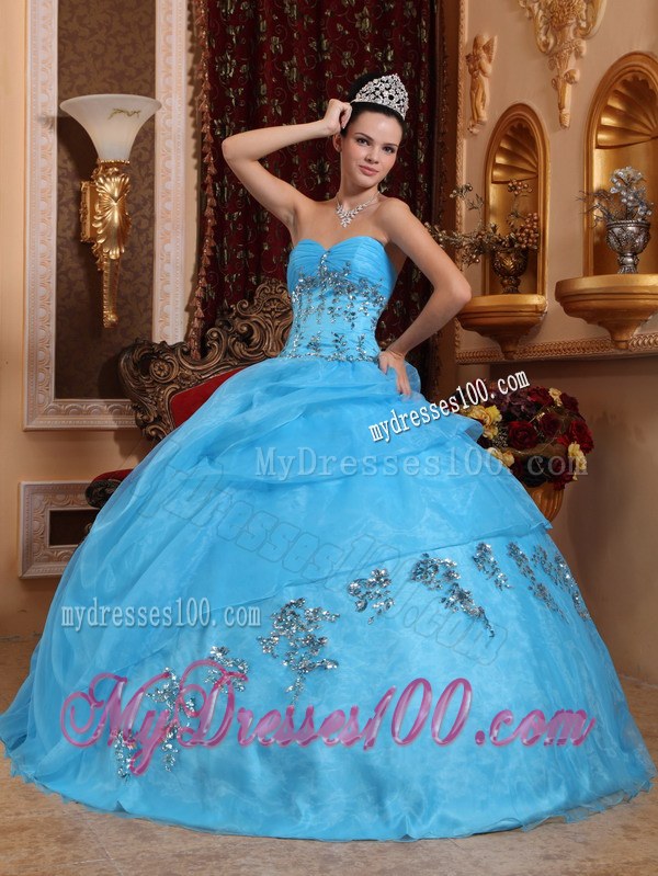 Aqua Blue Sweetheart Ruching Beading Appliques Dress for Quinces