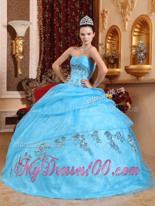 Aqua Blue Sweetheart Ruching Beading Appliques Dress for Quinces