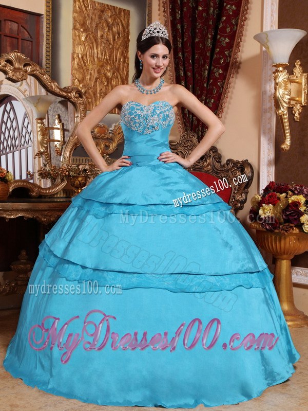 Teal Ball Gown Sweetheart Dress for Sweet 15 with Appliques