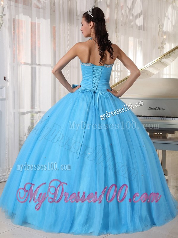 Aqua Blue Sweetheart Floor-length Beading and Bow Quinceanera Party Dress