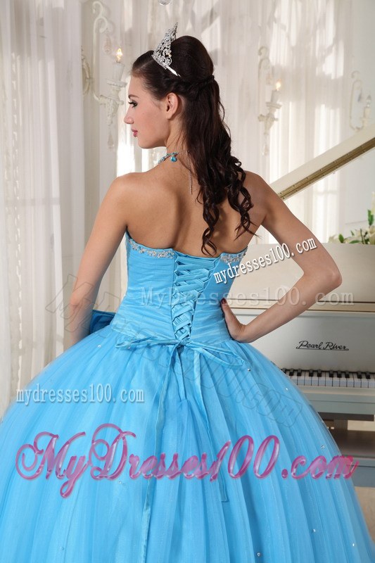 Aqua Blue Sweetheart Floor-length Beading and Bow Quinceanera Party Dress