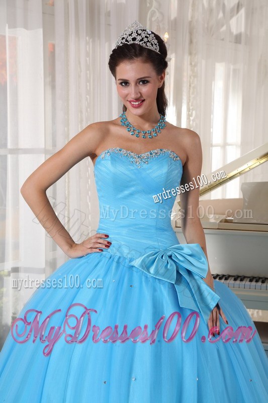 Aqua Blue Sweetheart Floor-length Beading and Bow Quinceanera Party Dress