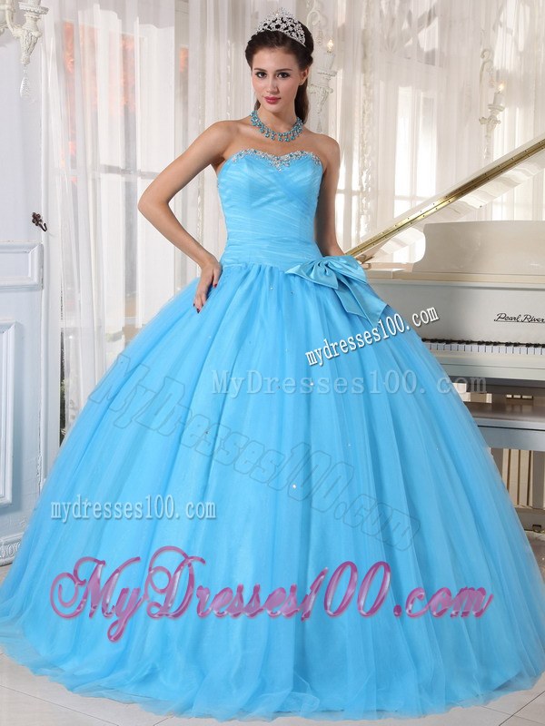 Aqua Blue Sweetheart Floor-length Beading and Bow Quinceanera Party Dress