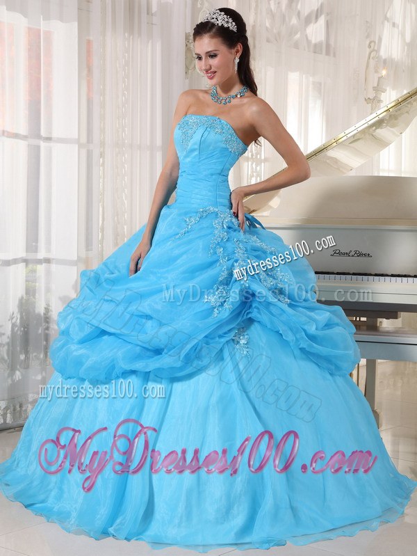 Strapless Pick-up Organza Appliques Quinceanera Dress in Aqua