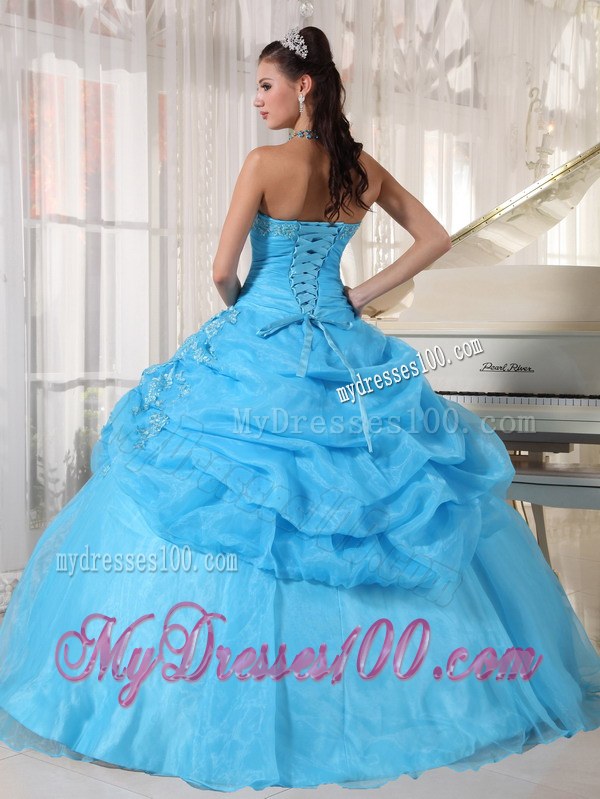Strapless Pick-up Organza Appliques Quinceanera Dress in Aqua