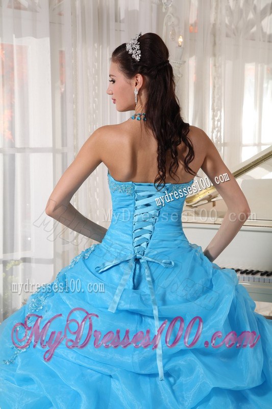 Strapless Pick-up Organza Appliques Quinceanera Dress in Aqua