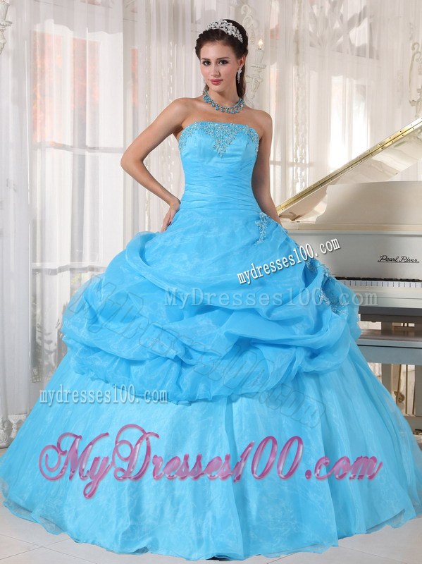 Strapless Pick-up Organza Appliques Quinceanera Dress in Aqua