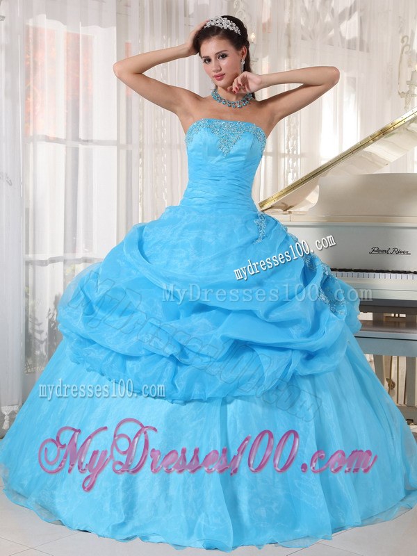 Strapless Pick-up Organza Appliques Quinceanera Dress in Aqua