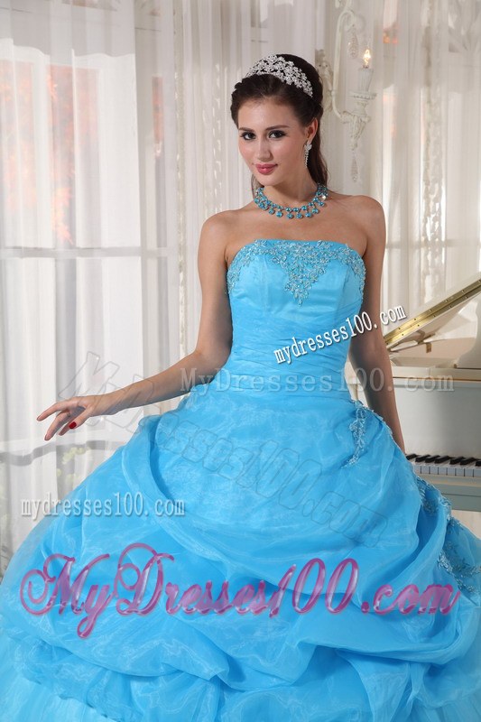 Strapless Pick-up Organza Appliques Quinceanera Dress in Aqua