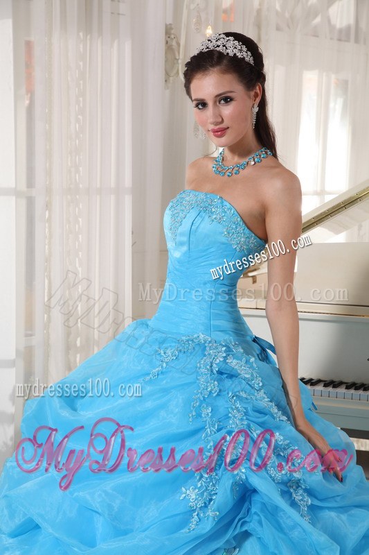 Strapless Pick-up Organza Appliques Quinceanera Dress in Aqua