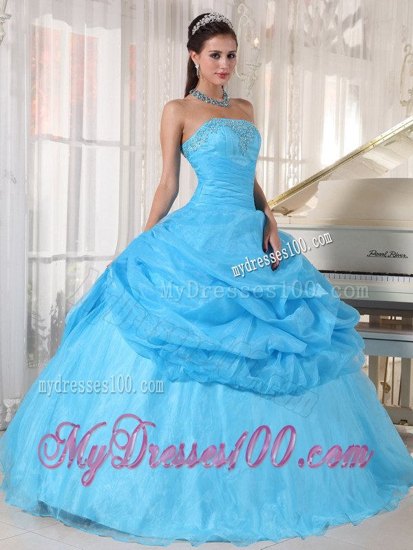 Strapless Pick-up Organza Appliques Quinceanera Dress in Aqua