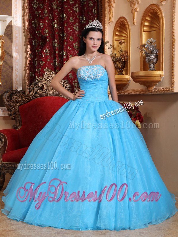 Blue Ball Gown Strapless Floor-length Sweet 15 16 Birthday Dress