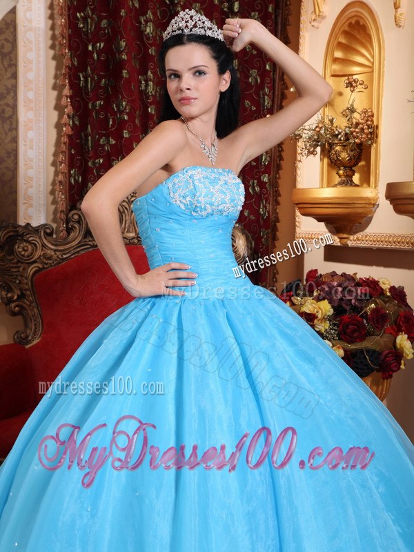 Blue Ball Gown Strapless Floor-length Sweet 15 16 Birthday Dress