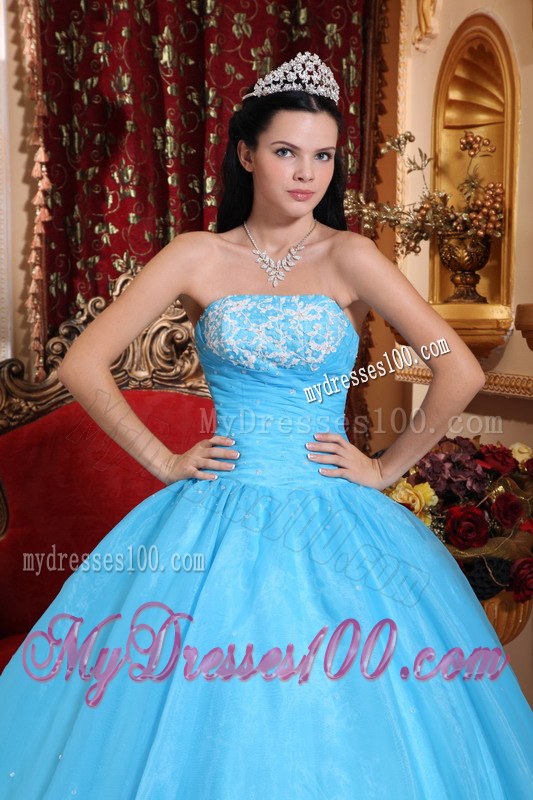 Blue Ball Gown Strapless Floor-length Sweet 15 16 Birthday Dress
