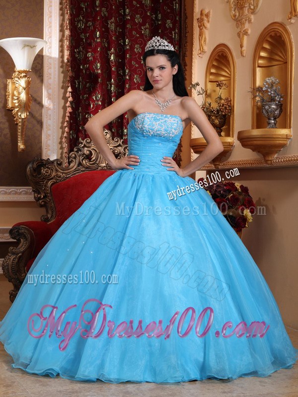 Blue Ball Gown Strapless Floor-length Sweet 15 16 Birthday Dress