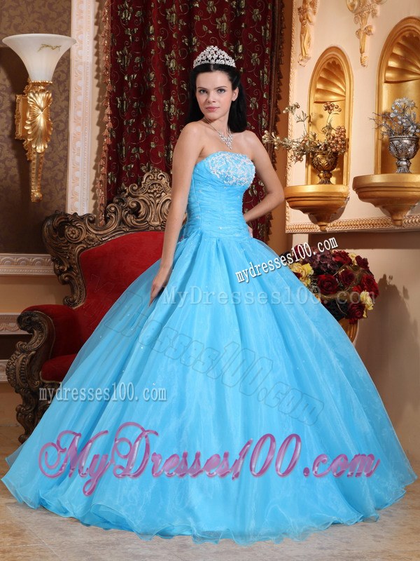 Blue Ball Gown Strapless Floor-length Sweet 15 16 Birthday Dress