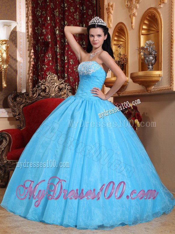 Blue Ball Gown Strapless Floor-length Sweet 15 16 Birthday Dress