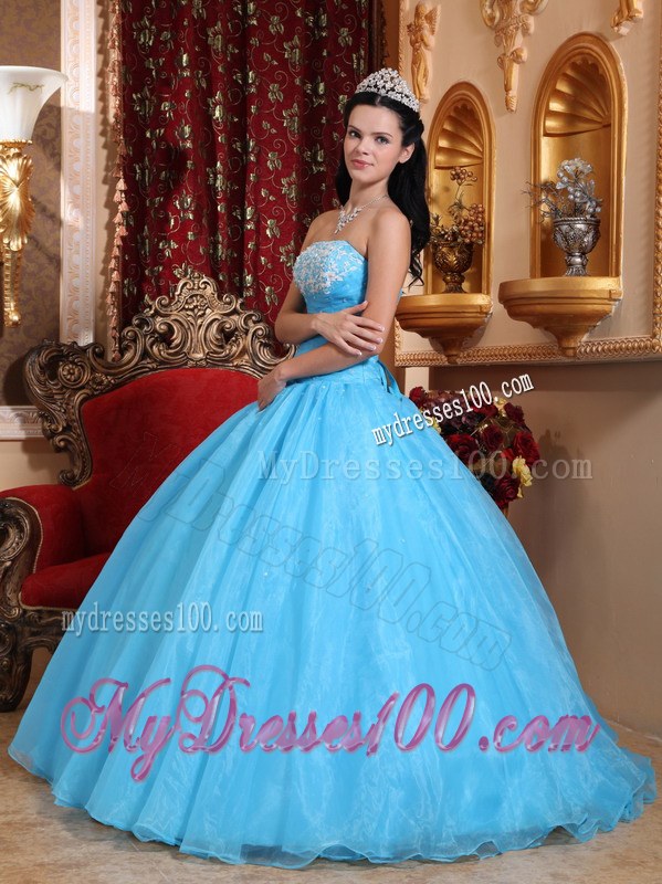 Blue Ball Gown Strapless Floor-length Sweet 15 16 Birthday Dress