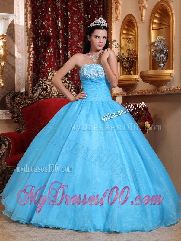 Blue Ball Gown Strapless Floor-length Sweet 15 16 Birthday Dress