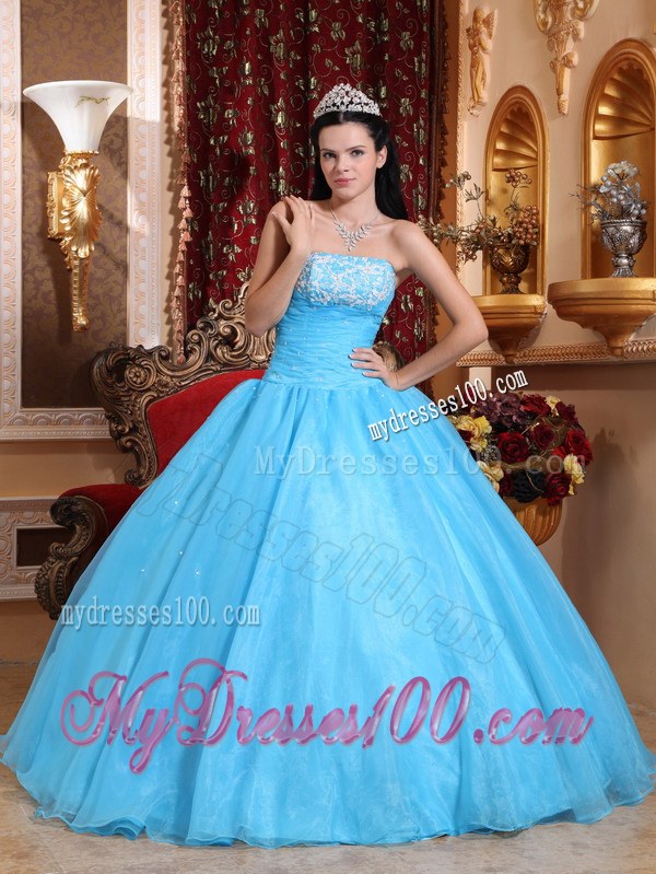 Blue Ball Gown Strapless Floor-length Sweet 15 16 Birthday Dress