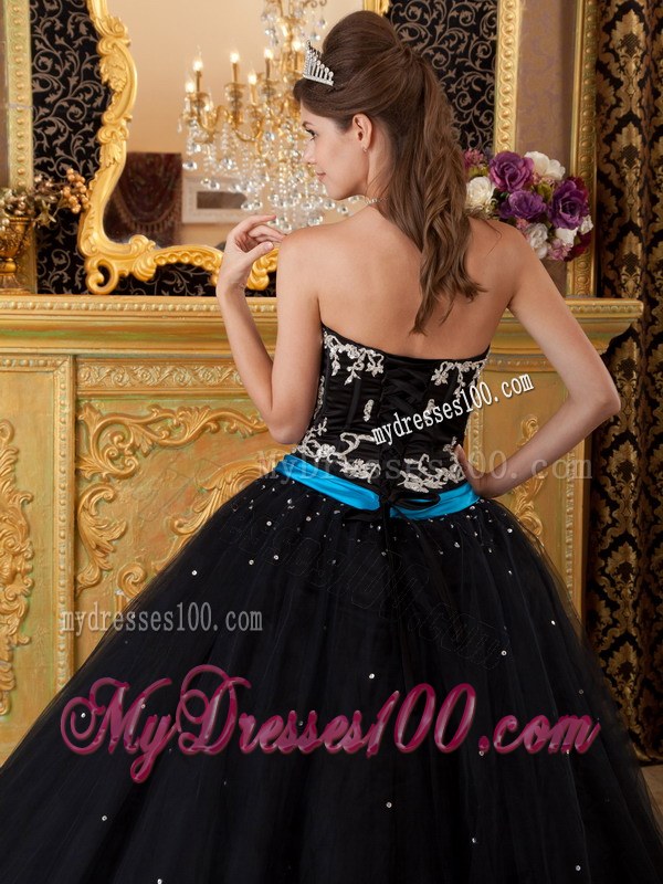 Dress for Sweet 15 in Black Strapless with Appliques and Sash
