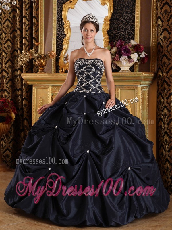 Black Ball Gown Strapless Beading Taffeta Quinceanera Dresses