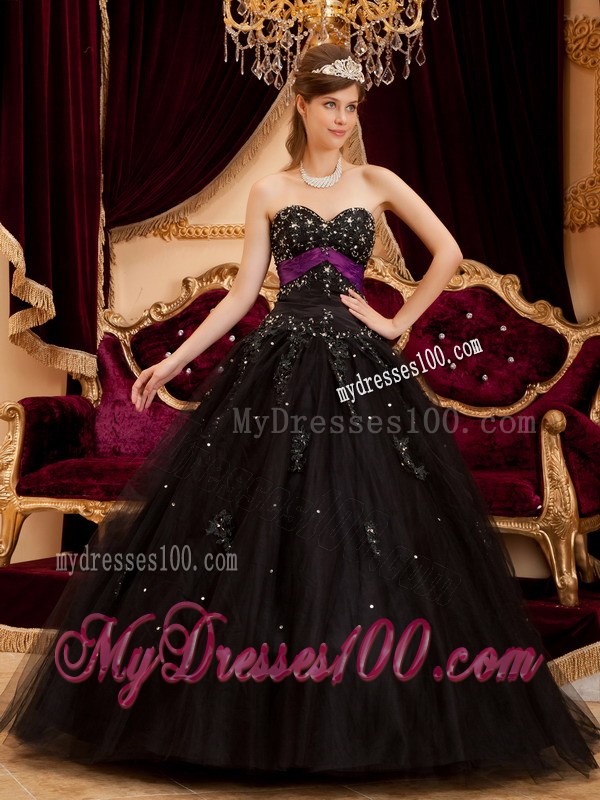 Black Ball Gown Sweetheart Tulle Appliques Dress for QuinceS
