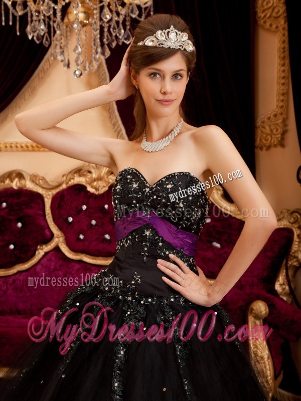 Black Ball Gown Sweetheart Tulle Appliques Dress for QuinceS