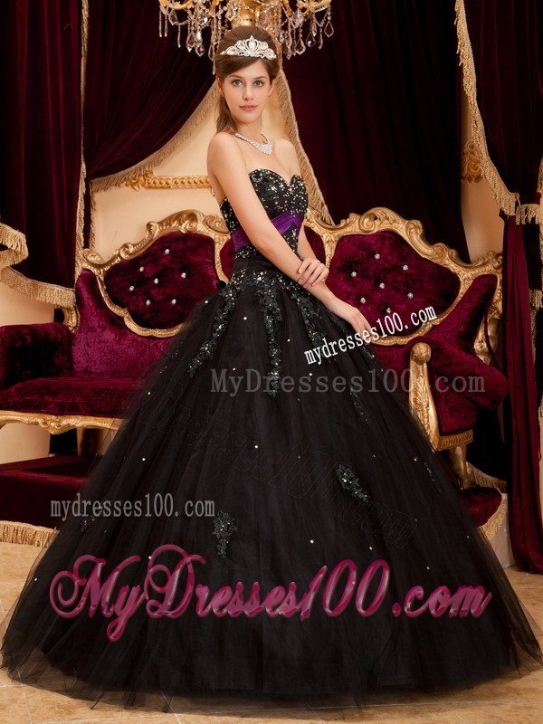 Black Ball Gown Sweetheart Tulle Appliques Dress for QuinceS