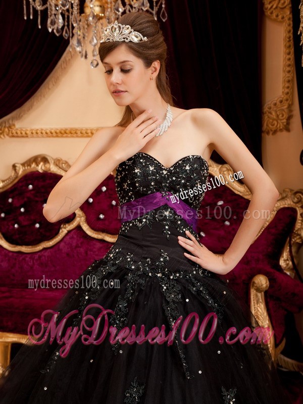 Black Ball Gown Sweetheart Tulle Appliques Dress for QuinceS