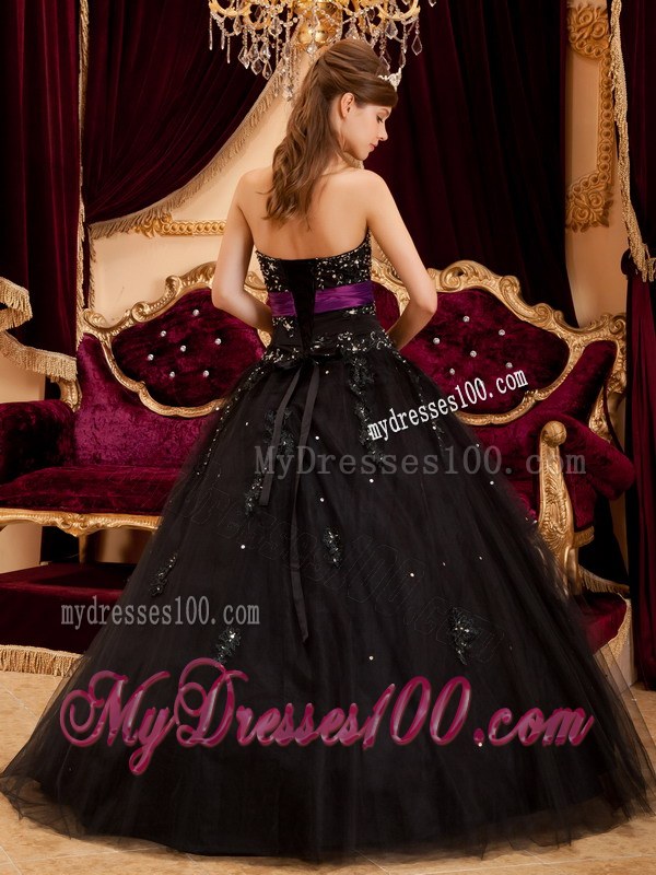 Black Ball Gown Sweetheart Tulle Appliques Dress for QuinceS