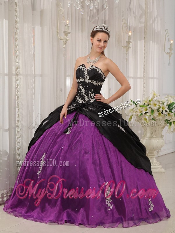 Strapless Black and Purple Quinceanera Dresses Taffeta and Organza