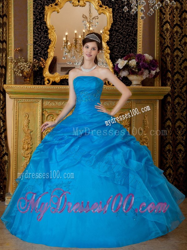 Blue Strapless Appliques Organza Quinceanera Dresses with Pick-ups