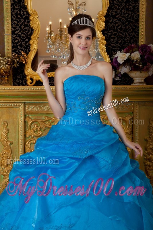 Blue Strapless Appliques Organza Quinceanera Dresses with Pick-ups