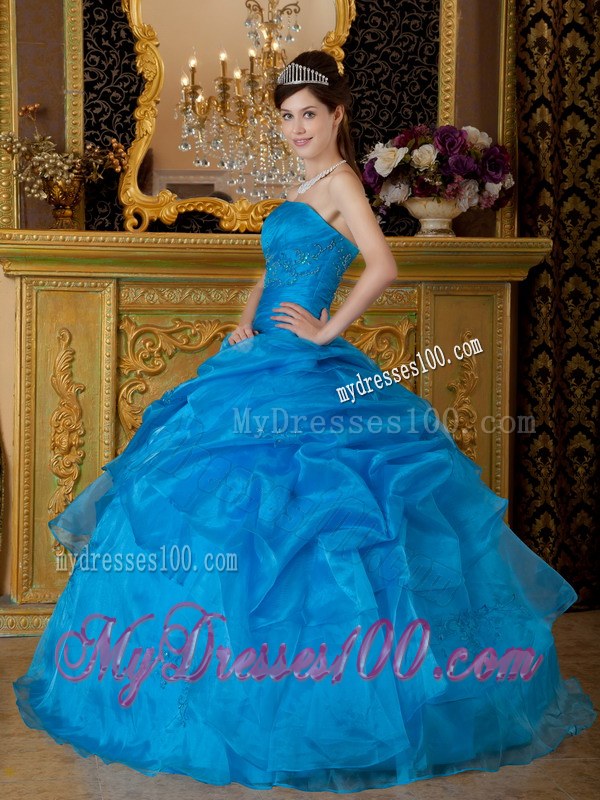 Blue Strapless Appliques Organza Quinceanera Dresses with Pick-ups