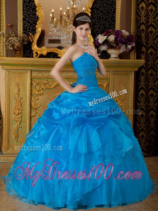 Blue Strapless Appliques Organza Quinceanera Dresses with Pick-ups
