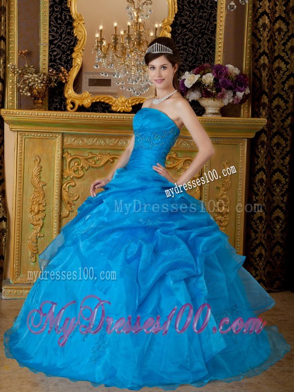 Blue Strapless Appliques Organza Quinceanera Dresses with Pick-ups