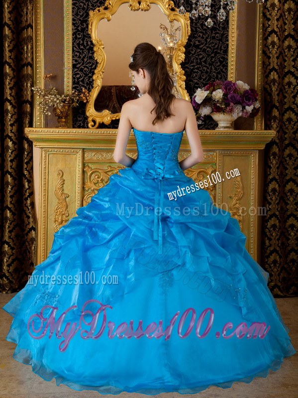 Blue Strapless Appliques Organza Quinceanera Dresses with Pick-ups