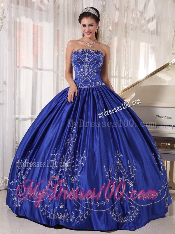 Royal Blue Ball Gown Strapless Floor-length Embroidery Quinceaneara Dress