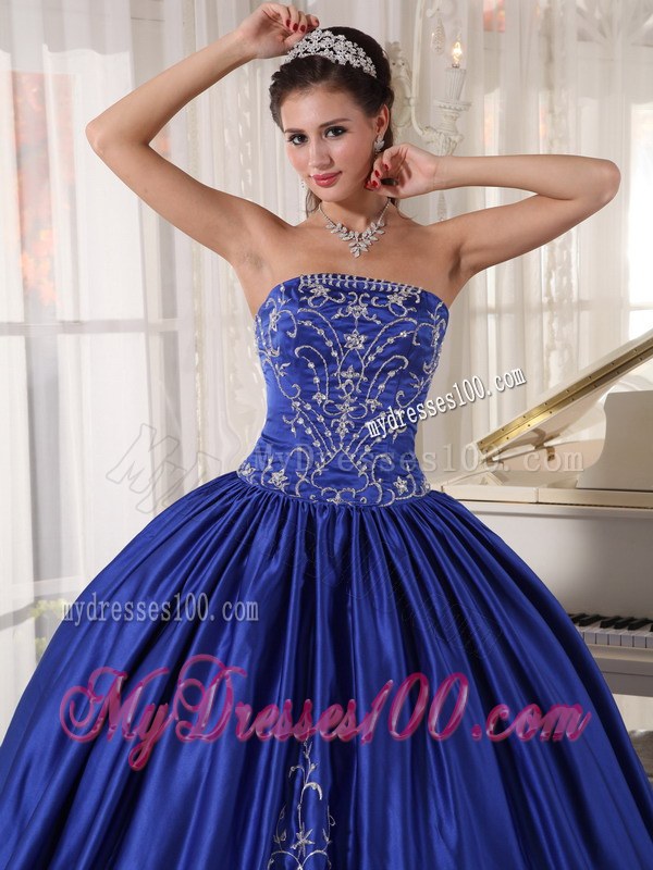 Royal Blue Ball Gown Strapless Floor-length Embroidery Quinceaneara Dress