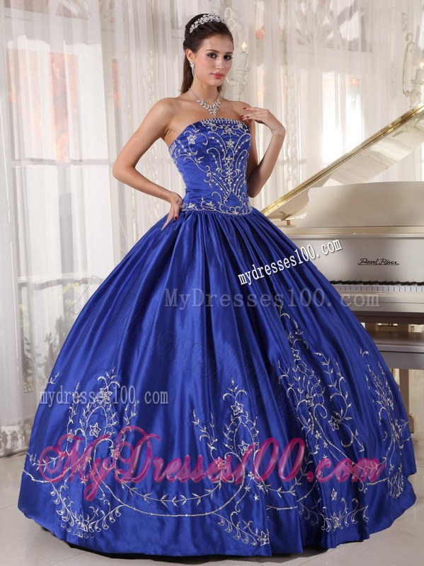 Royal Blue Ball Gown Strapless Floor-length Embroidery Quinceaneara Dress