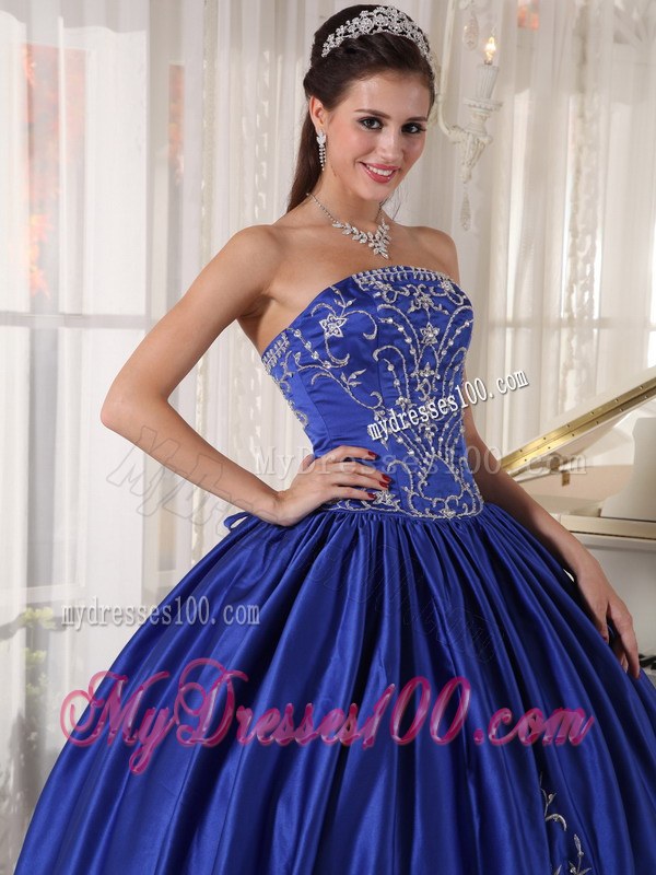 Royal Blue Ball Gown Strapless Floor-length Embroidery Quinceaneara Dress